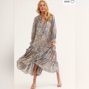Free People Feeling Groovy Floral Maxi Dress in Blue and Cream